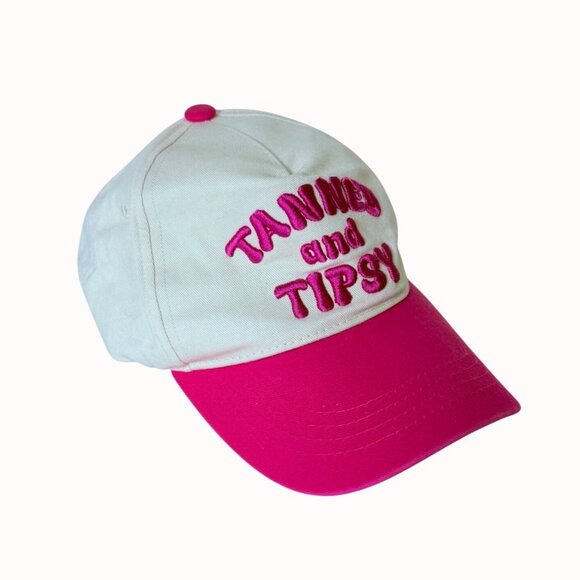 Tanned and Tipsy Embroidered Baseball Cap Pink White Hat Cruise Vacation Summer - Picture 3 of 9